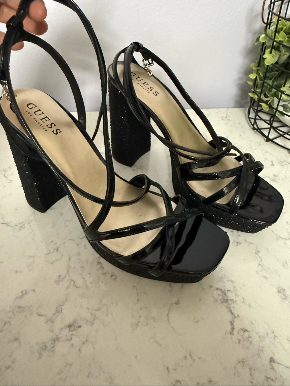 GUESS Black Patent Strappy Platform Block Heels with Glitter